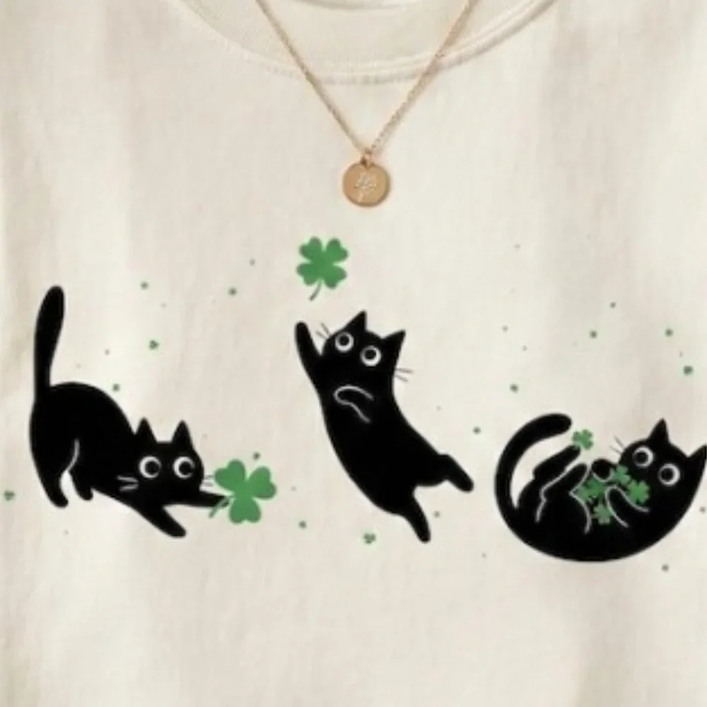 St. Patrick's Day Cat T-Shirt, Lucky Clover Graphic Tee - Picture 2 of 4
